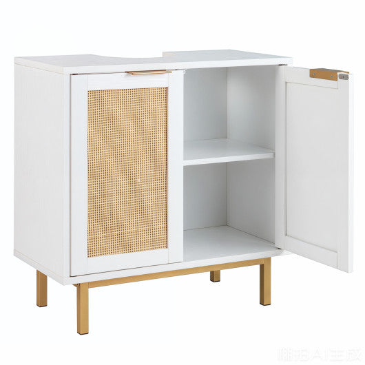 Bathroom Vanity Cabinet with U-Shaped Cut-Out 2 Rattan Doors and Shelf-White