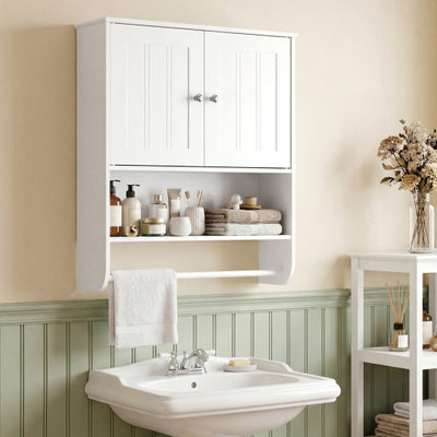 Bathroom Wall Cabinet with Towel Bar and Open Shelf and Adjustable Shelf-White