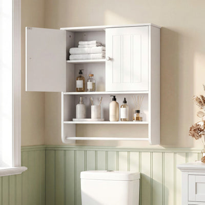 Bathroom Wall Cabinet with Towel Bar and Open Shelf and Adjustable Shelf-White