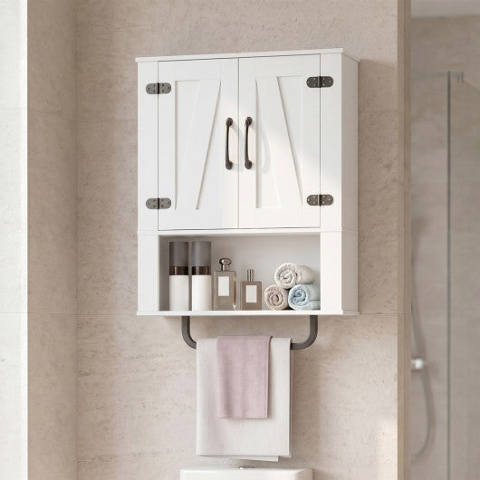 Bathroom Wall Cabinet with 2 Barn Doors and Towel Bar and 3-Tier Wooden Storage-White