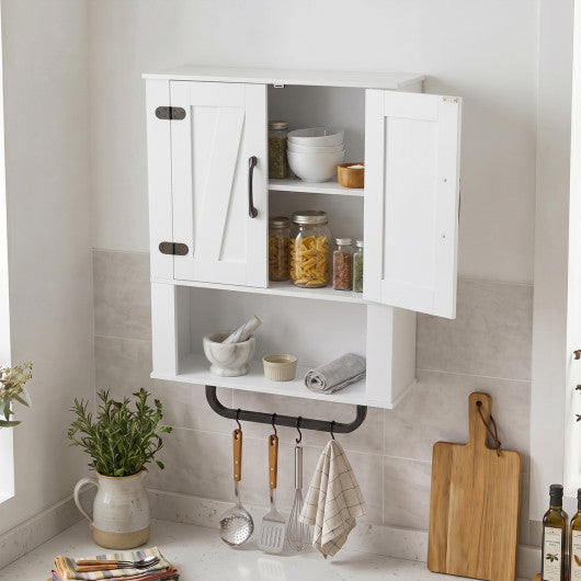 Bathroom Wall Cabinet with 2 Barn Doors and Towel Bar and 3-Tier Wooden Storage-White