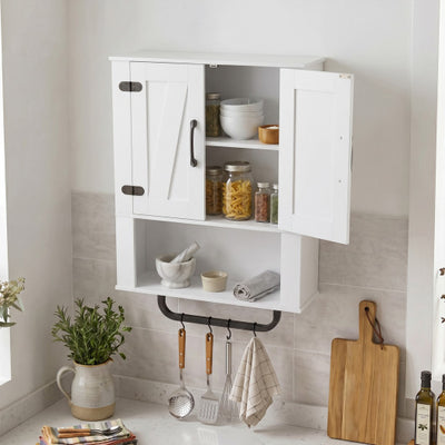 Bathroom Wall Cabinet with 2 Barn Doors and Towel Bar and 3-Tier Wooden Storage-White