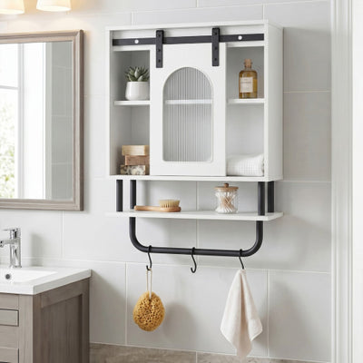 Bathroom Wall Cabinet with Sliding Barn Door and Metal Hanging Bar with 3 Hooks-White