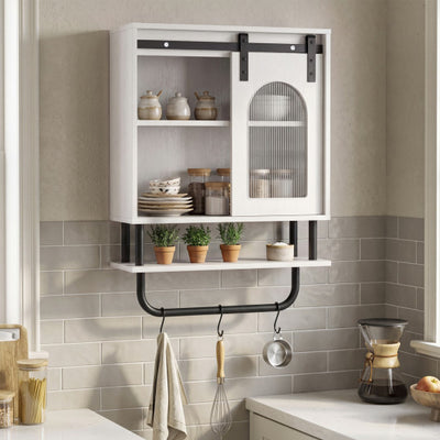 Bathroom Wall Cabinet with Sliding Barn Door and Metal Hanging Bar with 3 Hooks-White
