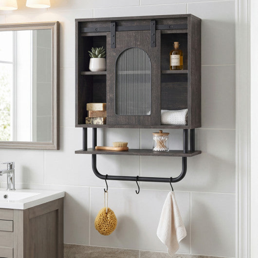 Bathroom Wall Cabinet with Sliding Barn Door and Metal Hanging Bar with 3 Hooks-Black