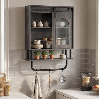 Bathroom Wall Cabinet with Sliding Barn Door and Metal Hanging Bar with 3 Hooks-Black