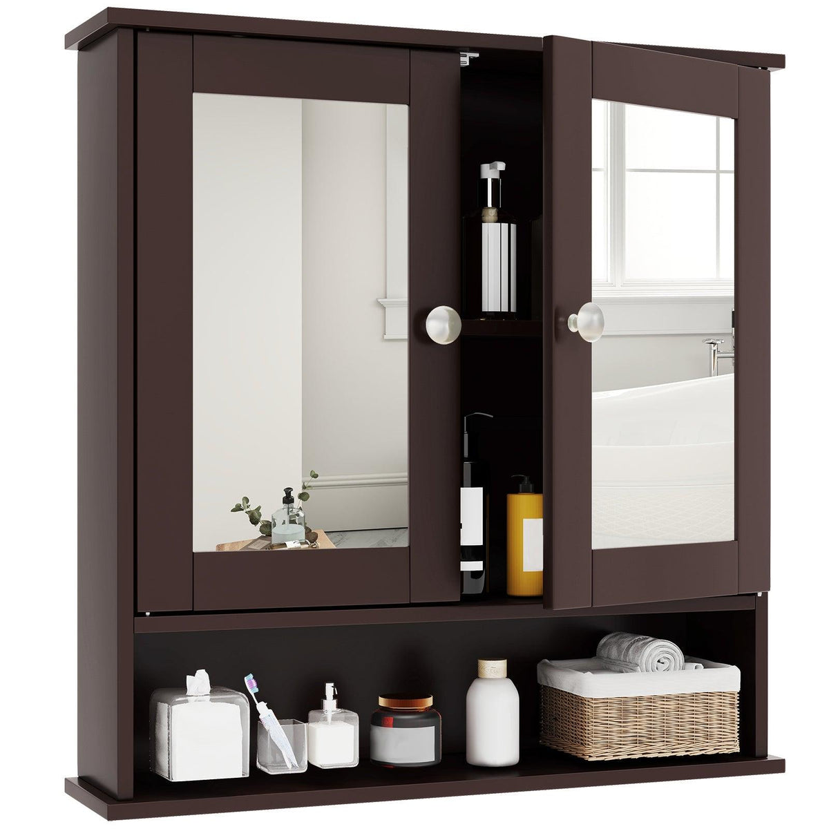 Double Door Wall-Mounted Bathroom Mirror Cabinet with Storage Shelf
