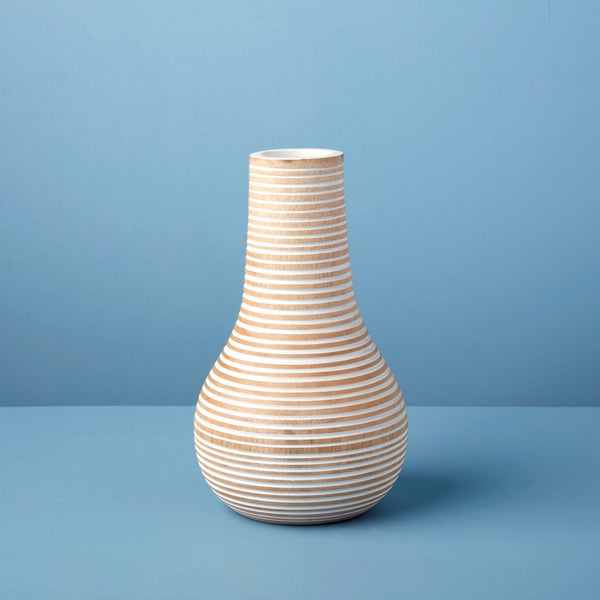 White Striped Kiln Mango Wood Bulb Vase