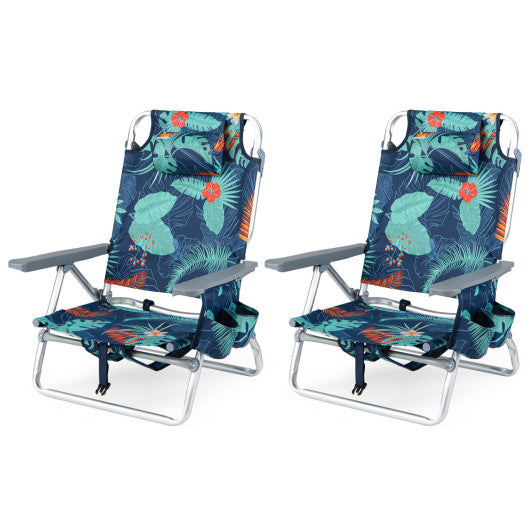 Beach Chairs Set of 2 Portable Folding Backpack Recliners with 5-Position Backrest and Padded Headrest-Green