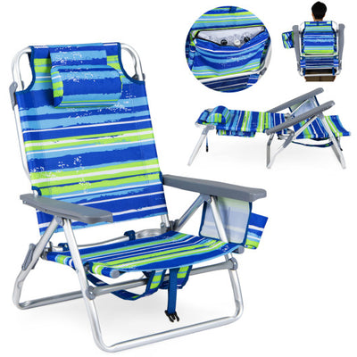 Beach Chairs Set of 2 Portable Folding Backpack Recliners with 5-Position Backrest and Padded Headrest-Blue and Green