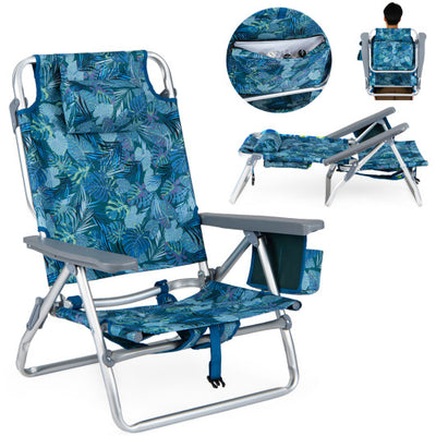 Beach Chairs Set of 2 Portable Folding Backpack Recliners with 5-Position Backrest and Padded Headrest-Peacock Blue