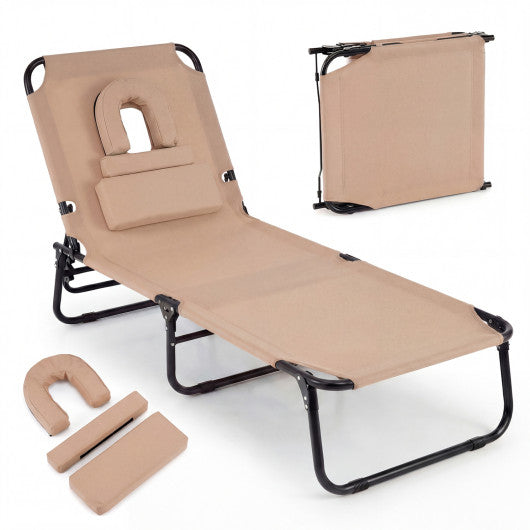 Beach Chaise Lounge Chair with Face Hole and Removable Pillow-Beige