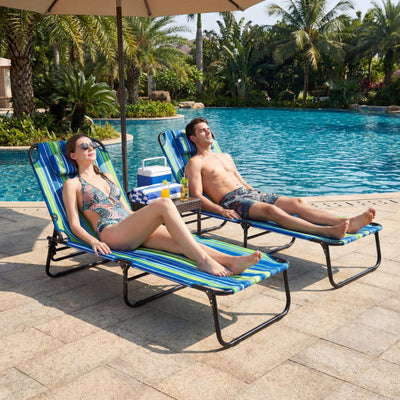 Beach Chaise Lounge Chair with Face Hole and Removable Pillow-Blue & Green