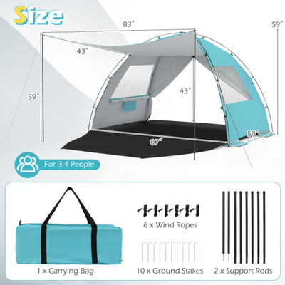 Beach Tent Sun Shelter with Canopy with Extended Floor and Vent Windows-Blue