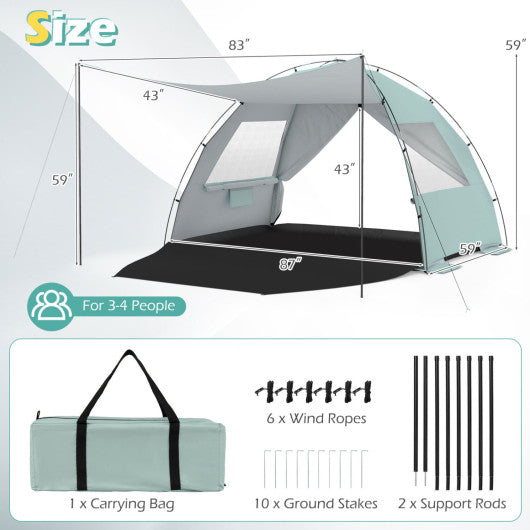 Beach Tent Sun Shelter with Canopy with Extended Floor and Vent Windows-Green