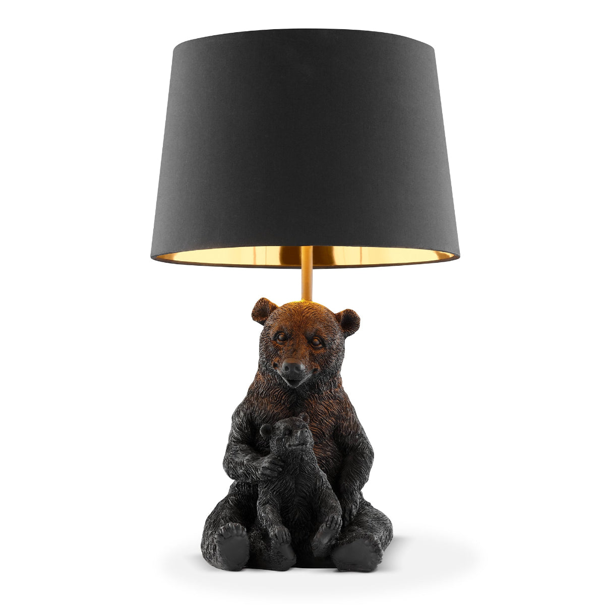 SPI Home Bear and Cub Desk Lamp. Bear-shaped table lamp with a black lampshade on a white background