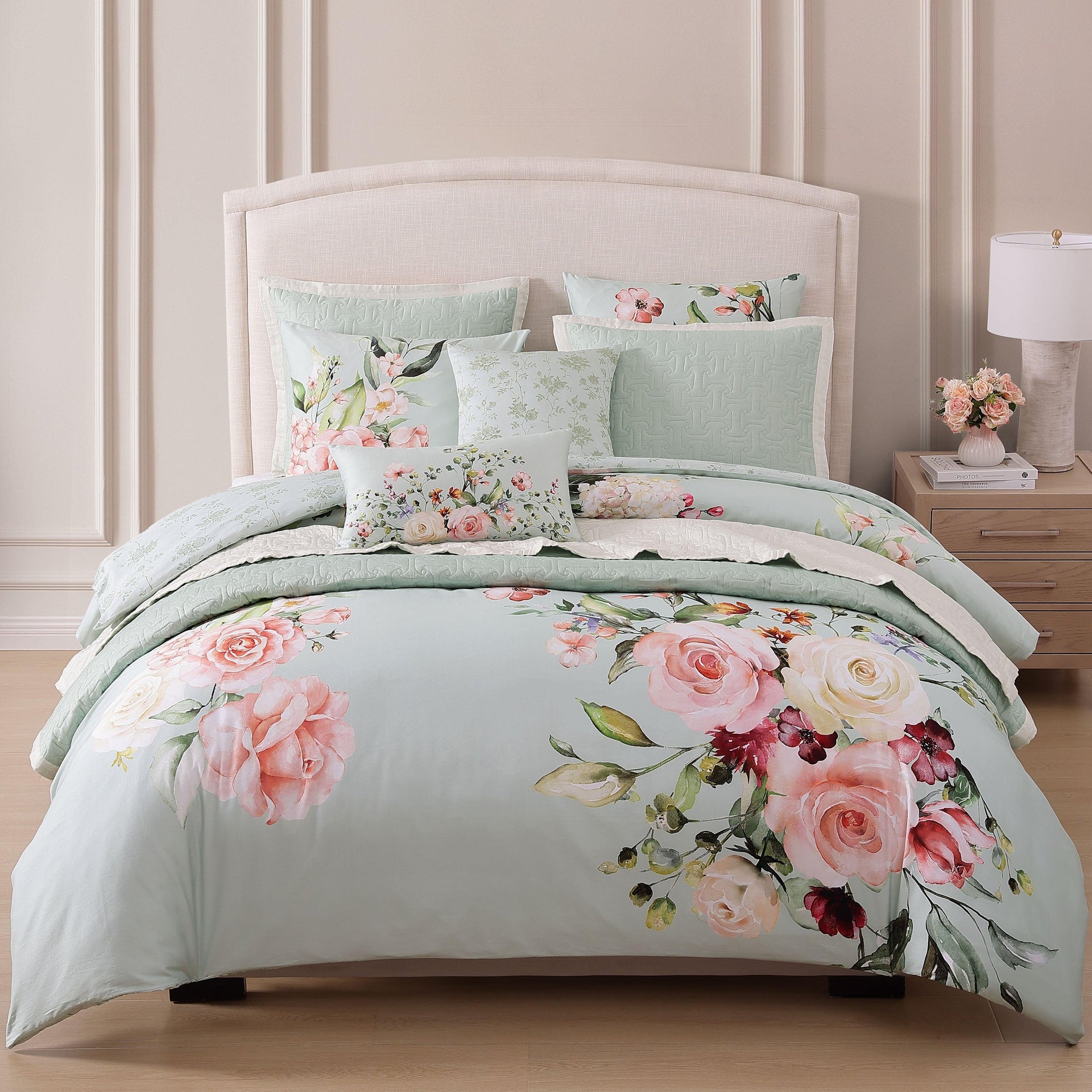 Bebejan Rose on Misty Green 8 Piece Reversible Comforter & Coverlet Set