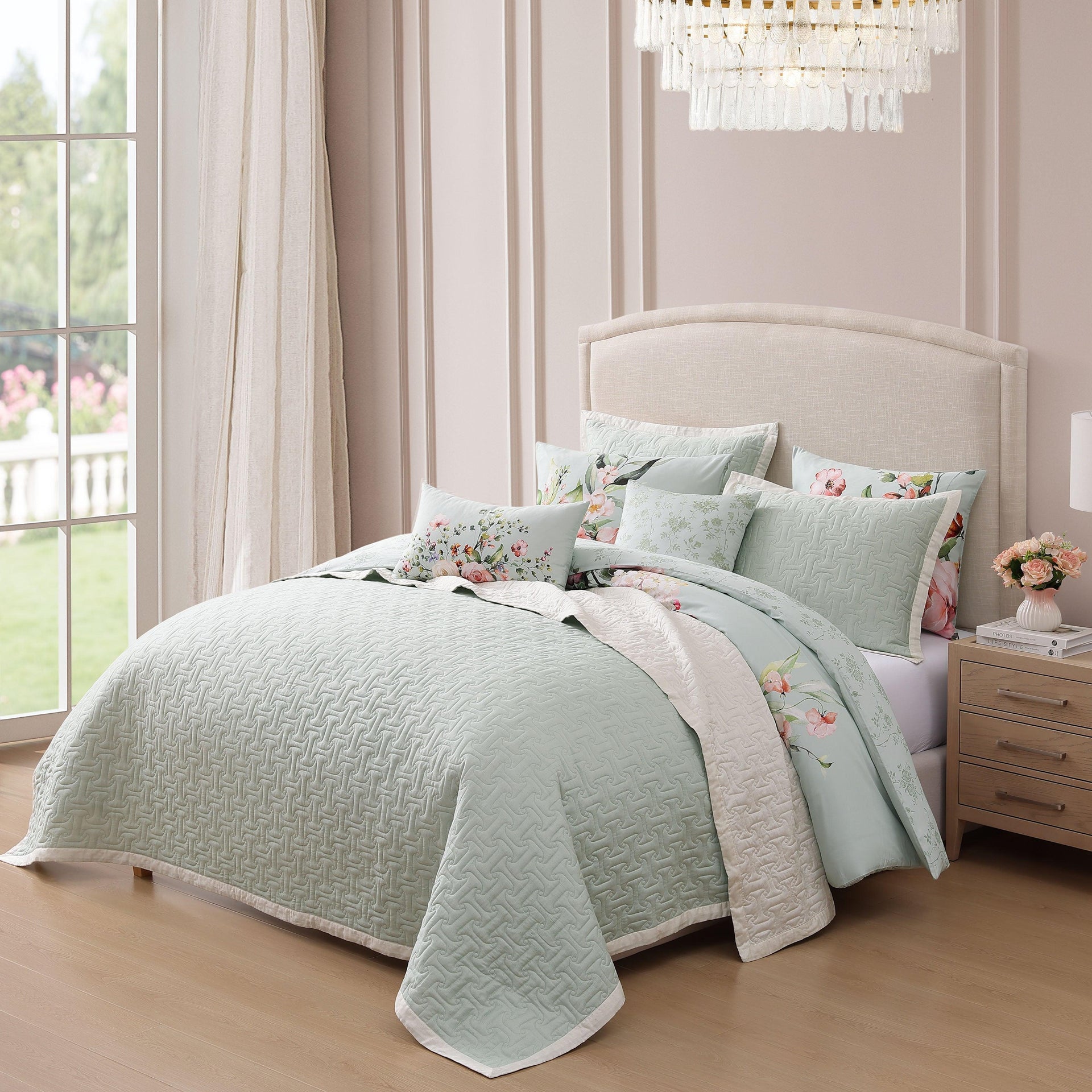 Bebejan Rose on Misty Green 8 Piece Reversible Comforter & Coverlet Set