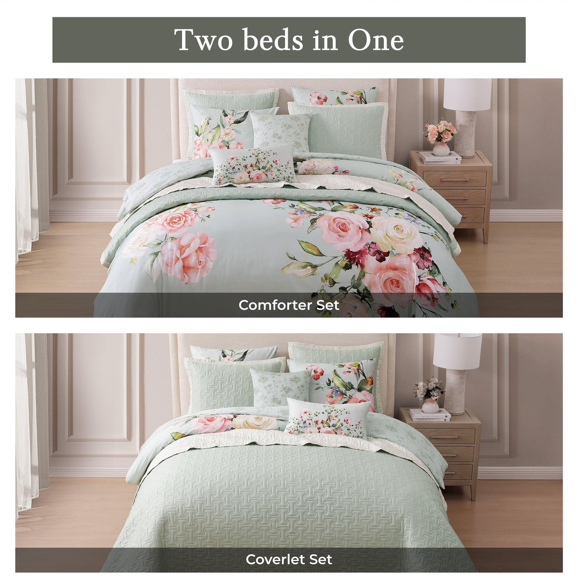 Bebejan Rose on Misty Green 8 Piece Reversible Comforter & Coverlet Set
