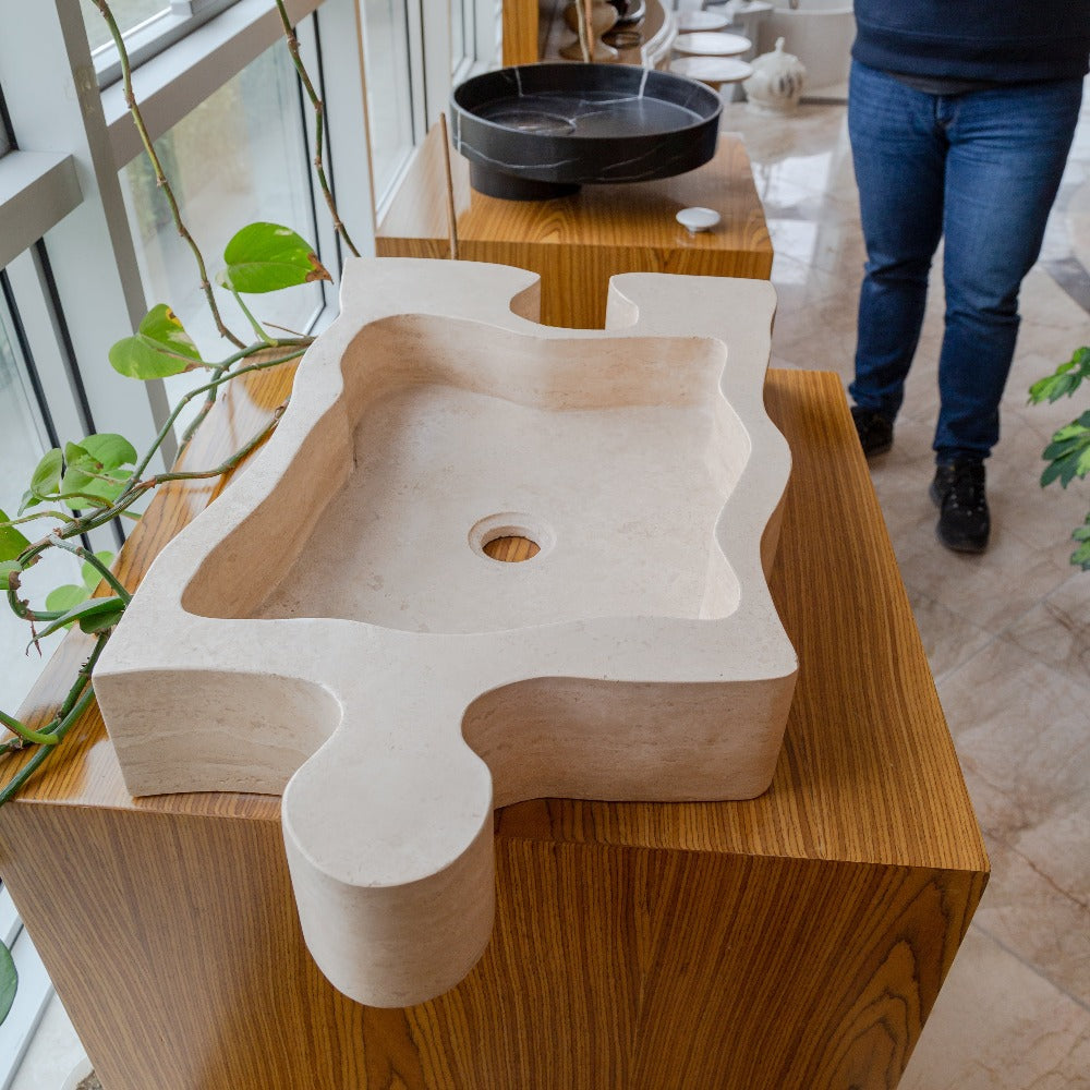 Natural Stone Beige Travertine Above Counter Puzzle Shape Sink (W)16