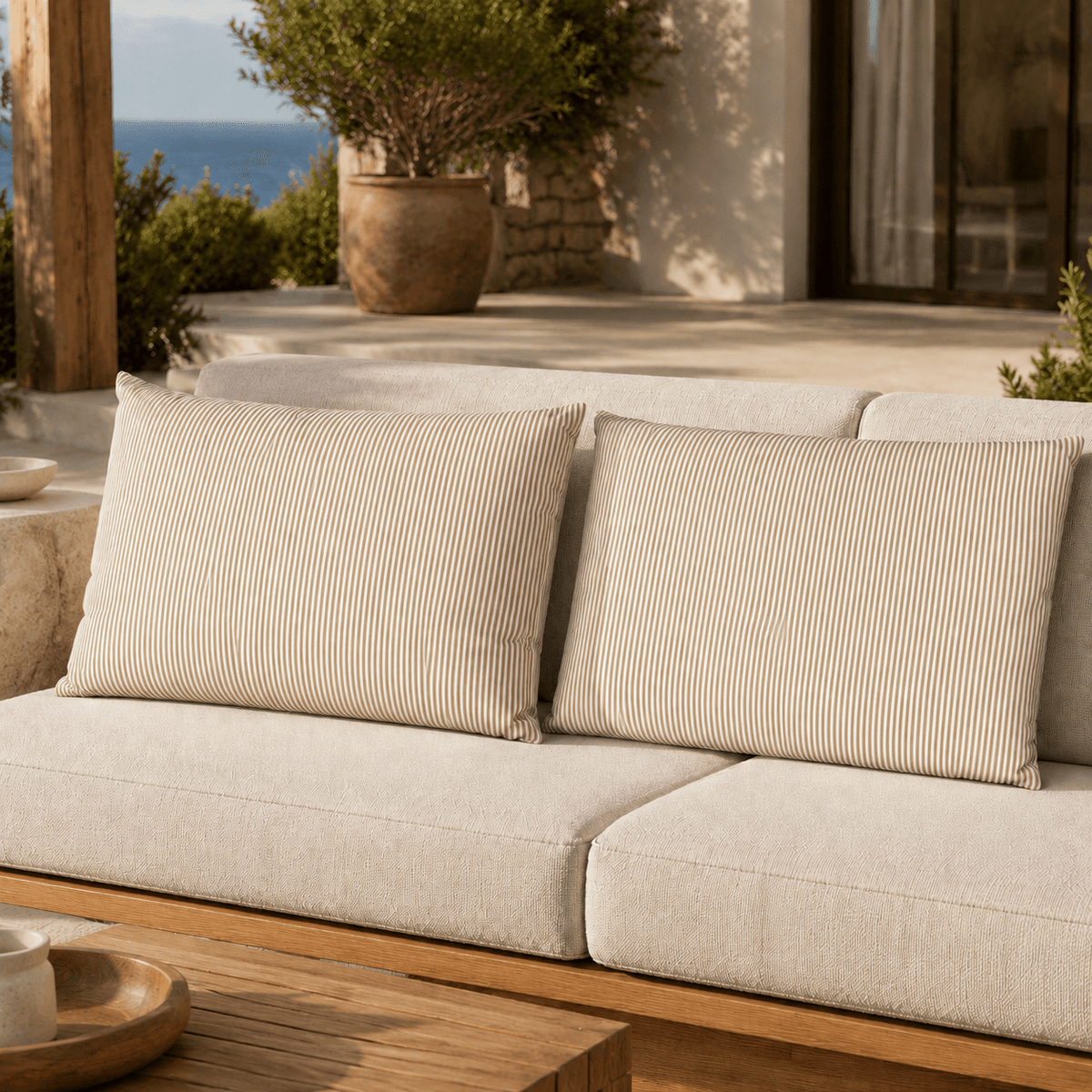 Beige Stripe Outdoor Cushion Covers – 2 Pack | Neutral Patio Pillow Covers | Fits IKEA Duvholmen & Kuddarna