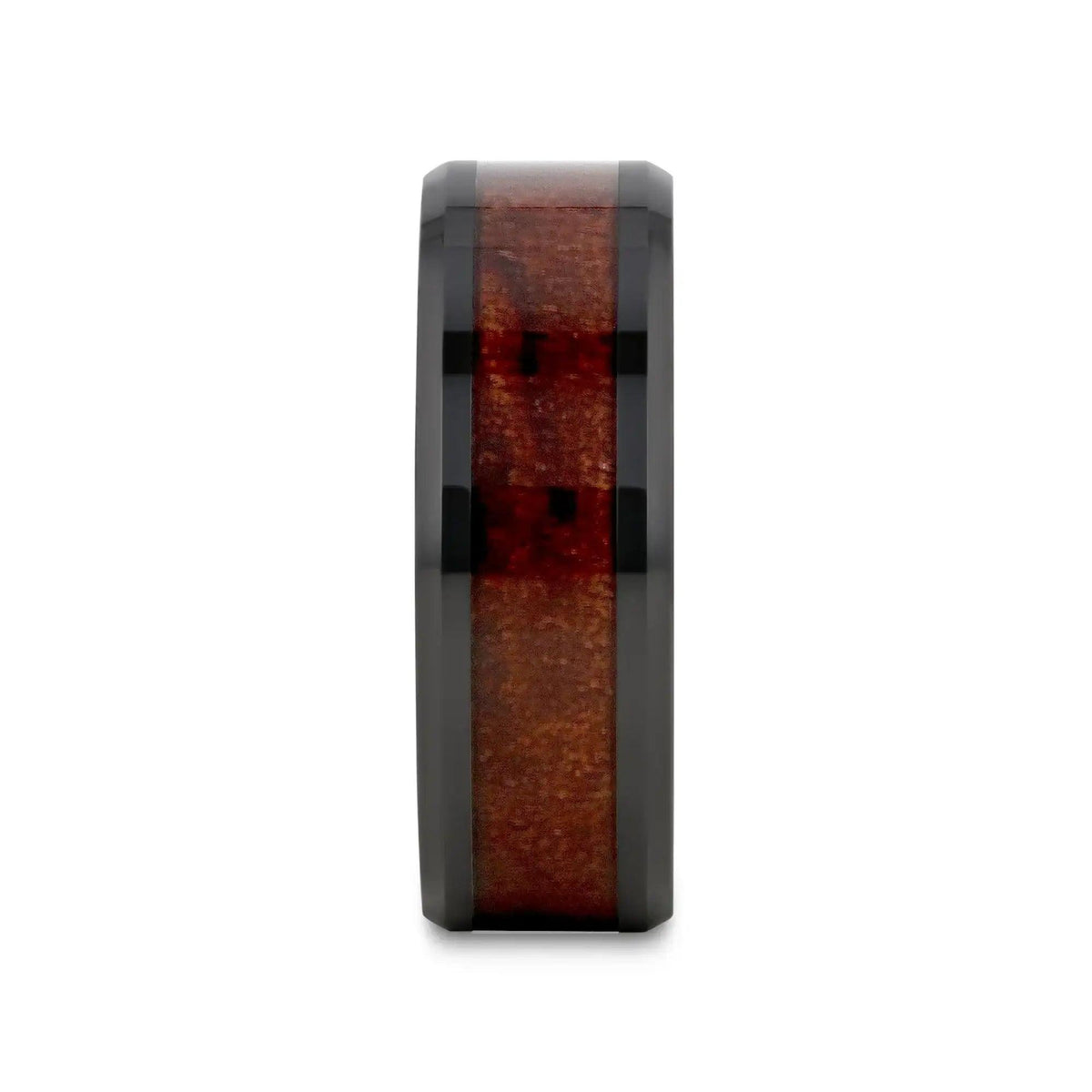 BENNY Black Ceramic Polished Beveled Edges Men’s Wedding Band with Bubinga Wood Inlay - 8mm