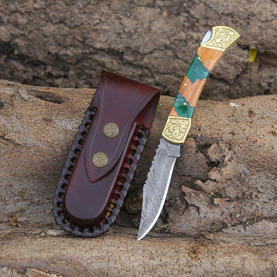 Flashblade Handmade Damascus Best EDC Pocket Knife with Leather Sheath & Olive Wood Handle
