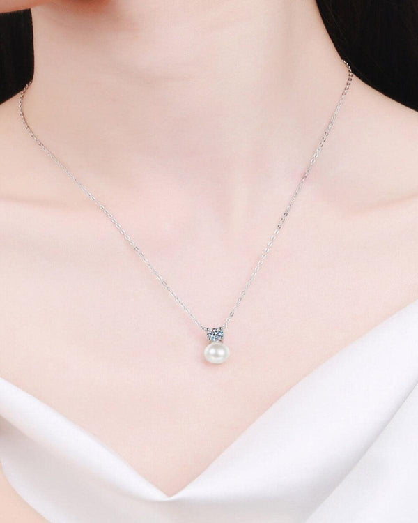 Best Trending Trendy Diamond Pearl Pendant Necklace + Pearl Stud Earrings Jewelry Bundle Set Jewelry Gift on Sale for Women, Lady, Mother, Wife