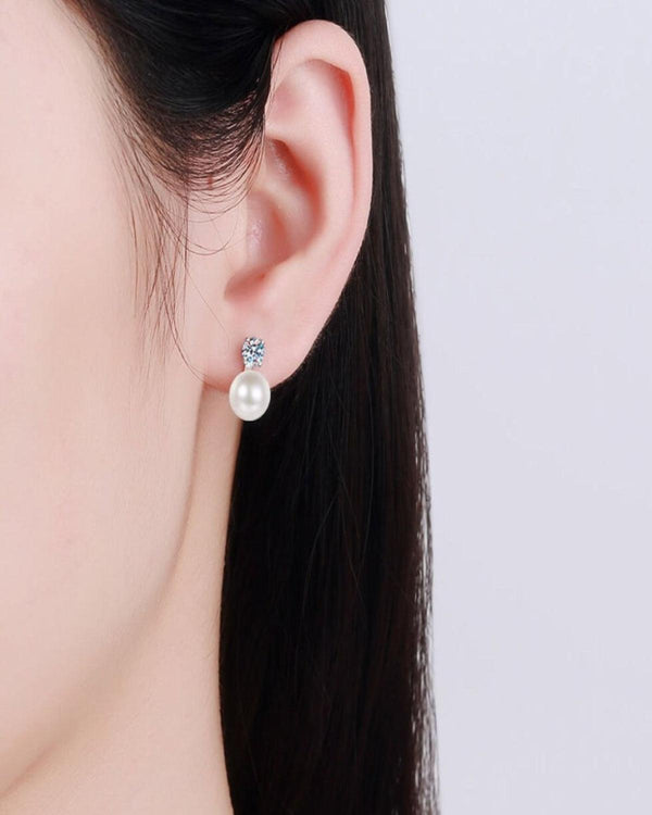 Best Trending Trendy Diamond Pearl Pendant Necklace + Pearl Stud Earrings Jewelry Bundle Set Jewelry Gift on Sale for Women, Lady, Mother, Wife