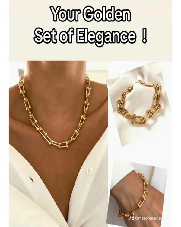 Best Trending Trendy Gold Link Chain Necklace Bracelet Bundle Set Jewelry Gift on Sale for Women, Lady, Mother, Wife
