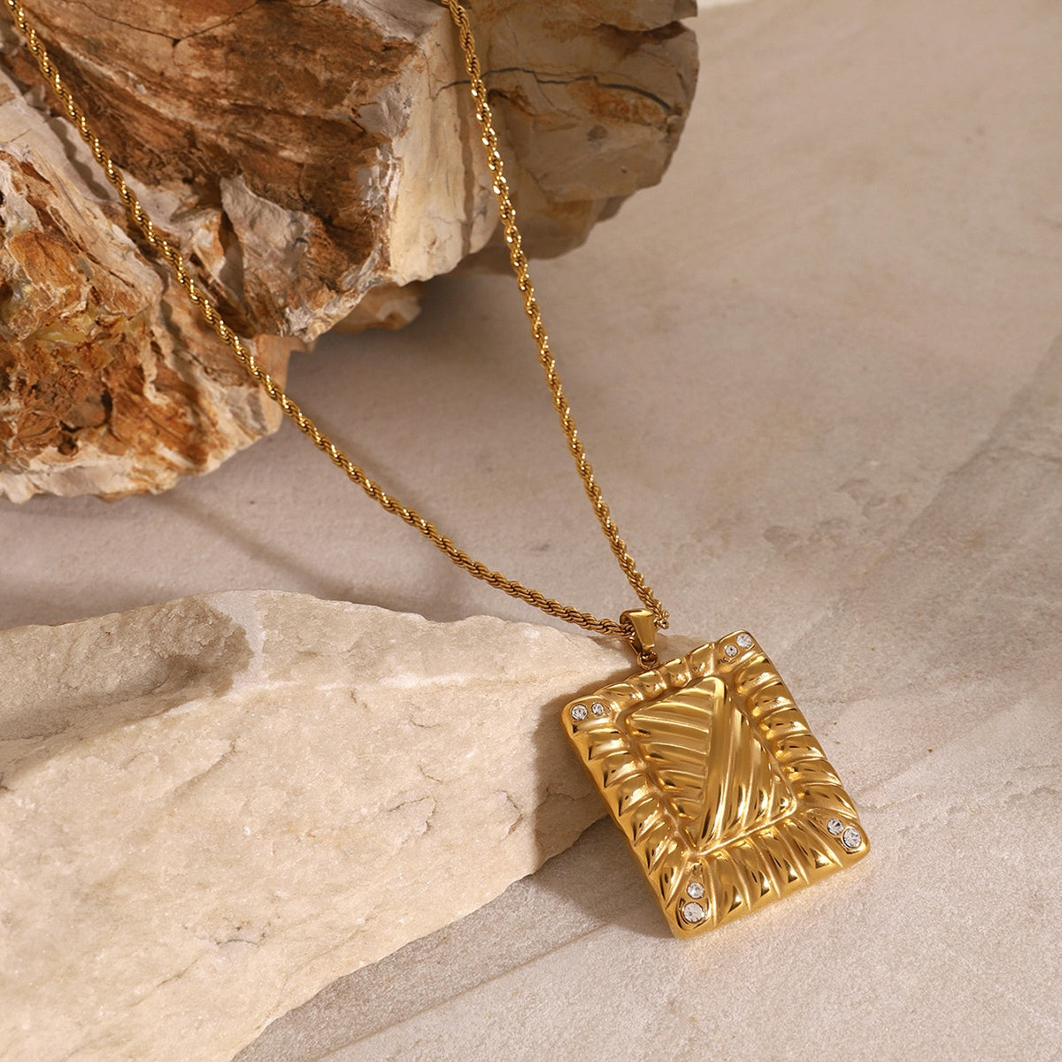Gold Rectangle With Diamonds Pendant Necklace