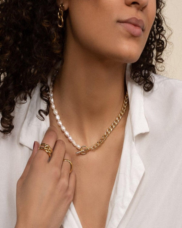 Best Trending Trendy Pearl Chain Necklace Earrings Ring Bundle Set Jewelry Gift on Sale for Women, Lady, Mother, Wife