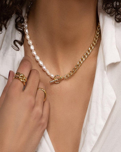 Best Trending Trendy Pearl Chain Necklace Earrings Ring Bundle Set Jewelry Gift on Sale for Women, Lady, Mother, Wife