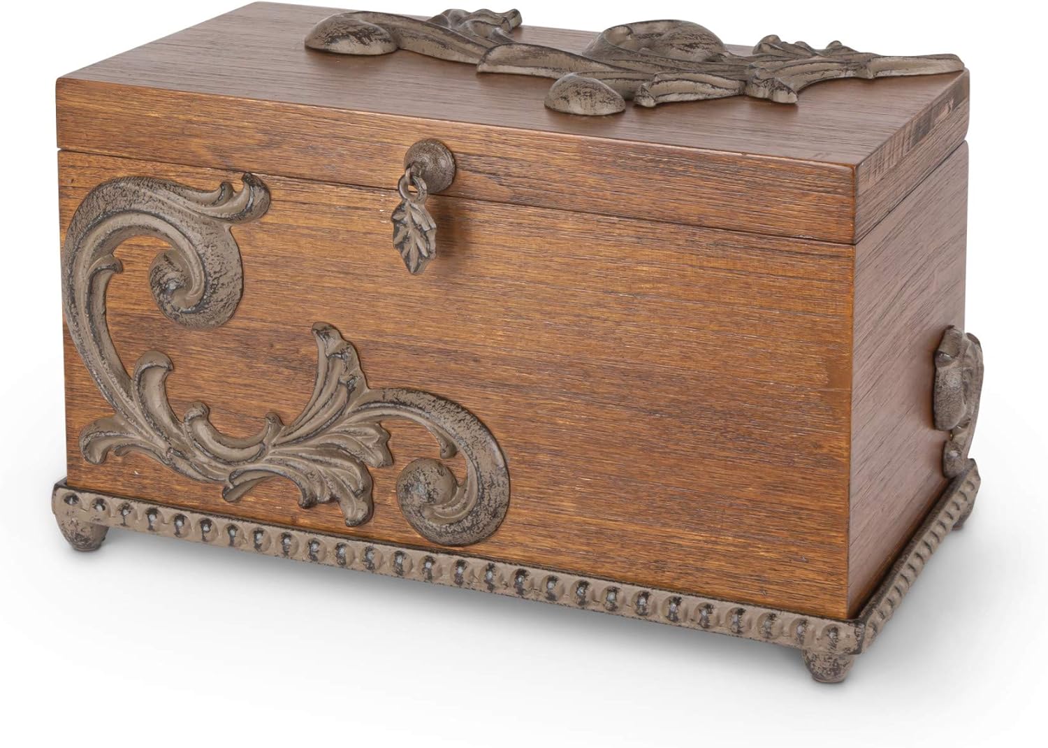 Birch Wood Hinged-Lid Box with Metal Acanthus Leaf-Accent and Base