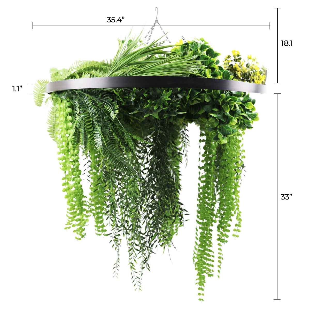 Artificial Hanging Plant Chandelier – Draping Fern Circular Ring (31.5in) Black Frame – UV Resistant