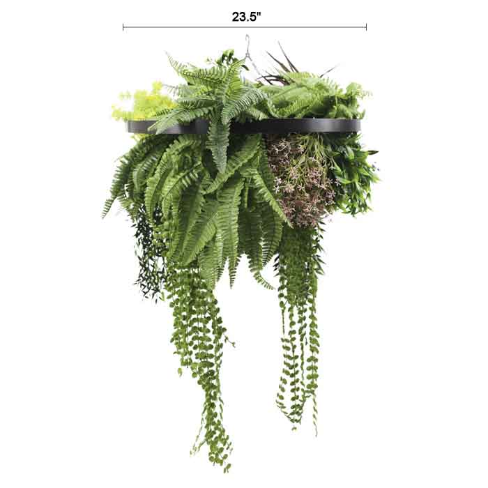 Artificial Hanging Plant Chandelier – Tropical Foliage Circular Ring (23.5in) Black Frame – UV Resistant