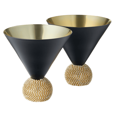 The Wine Savant Diamond Studded Martini Glasses Set of 2 Black & Gold Rimmed Modern Cocktail Glass, Rhinestone With Stemless Crystal Ball Base, Bar or Party 10.5oz, Swarovski Style Crystals