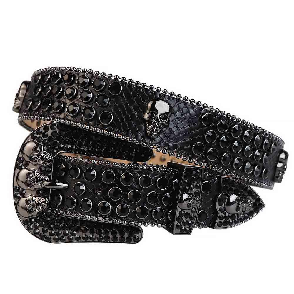 Black Rhinestone Belt With 7 Skull Buckle