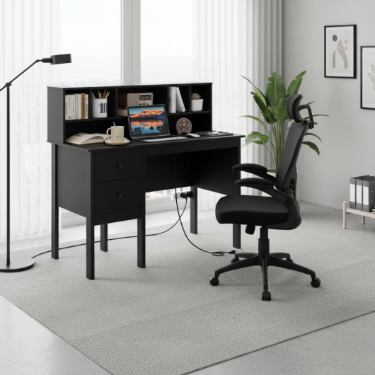 Black 48 inch Computer Desk and Ergonomic Mesh Office Chair Bundle for Home Office
