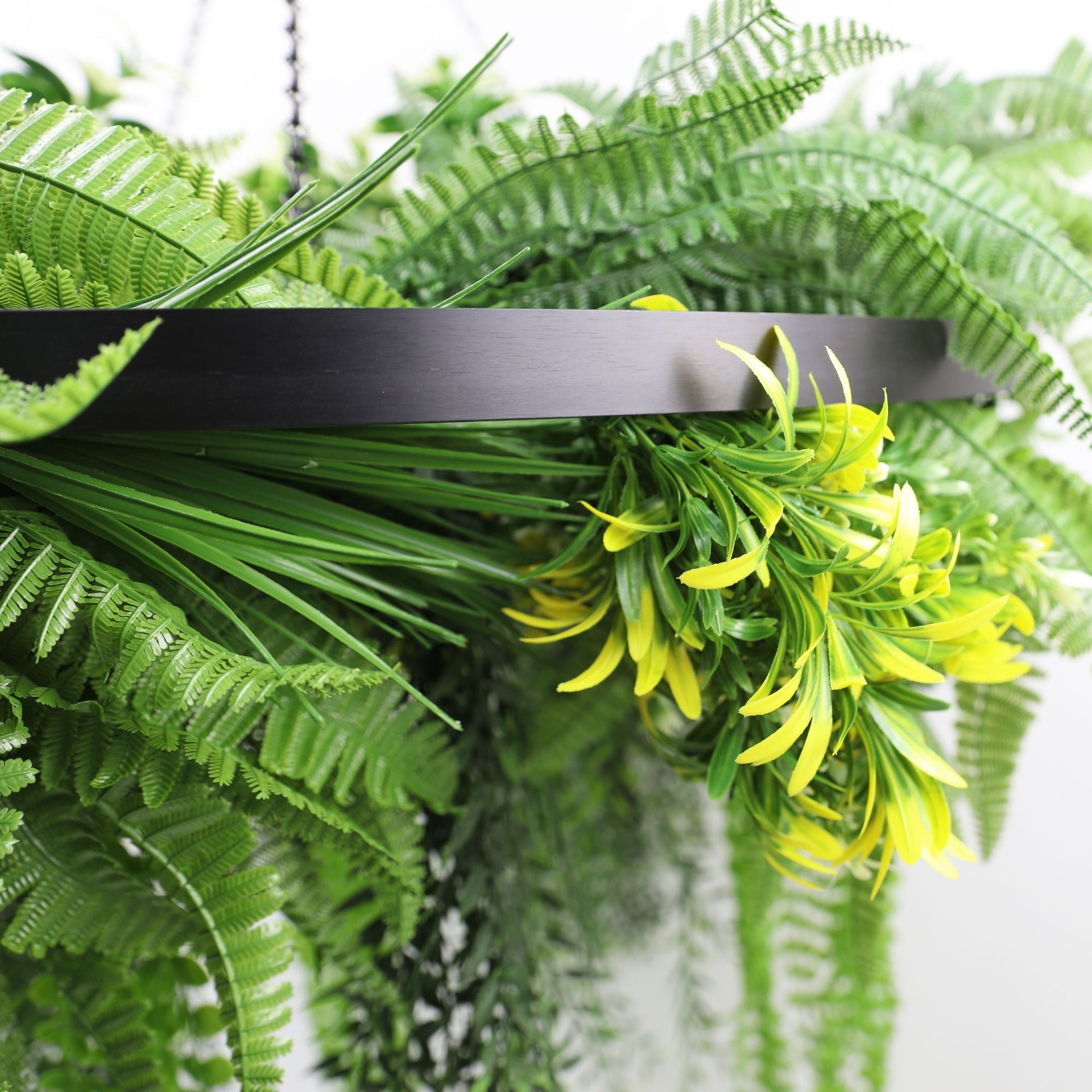 Artificial Hanging Plant Chandelier – Draping Fern Circular Ring (31.5in) Black Frame – UV Resistant