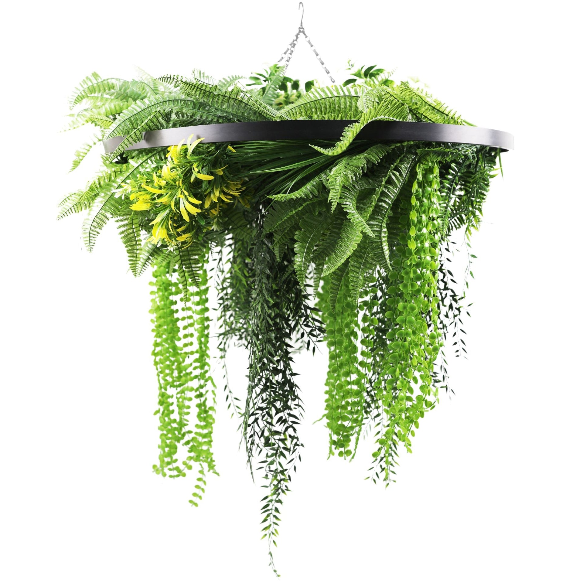 Artificial Hanging Plant Chandelier – Draping Fern Circular Ring (31.5in) Black Frame – UV Resistant