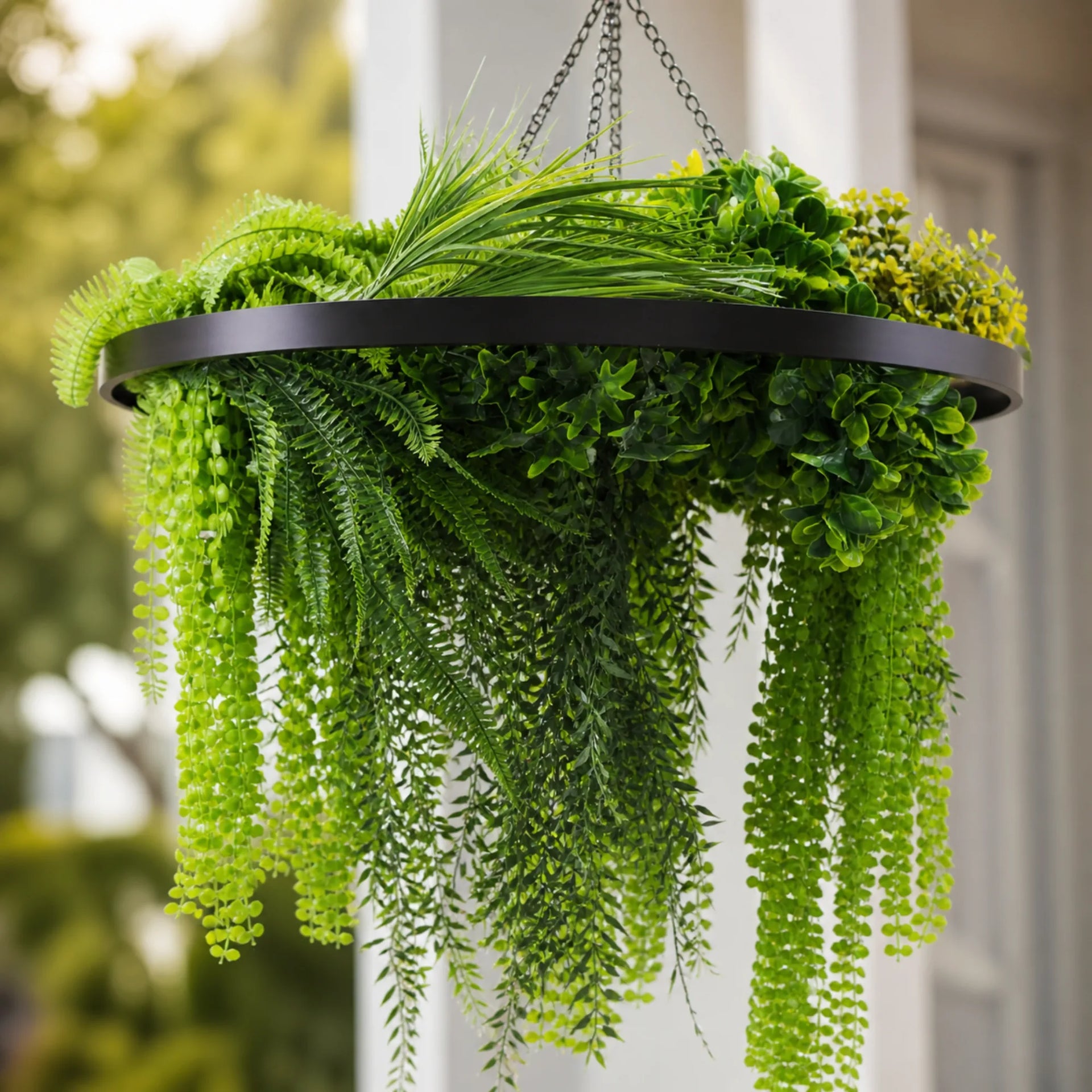 Artificial Hanging Plant Chandelier – Draping Fern Circular Ring (31.5in) Black Frame – UV Resistant