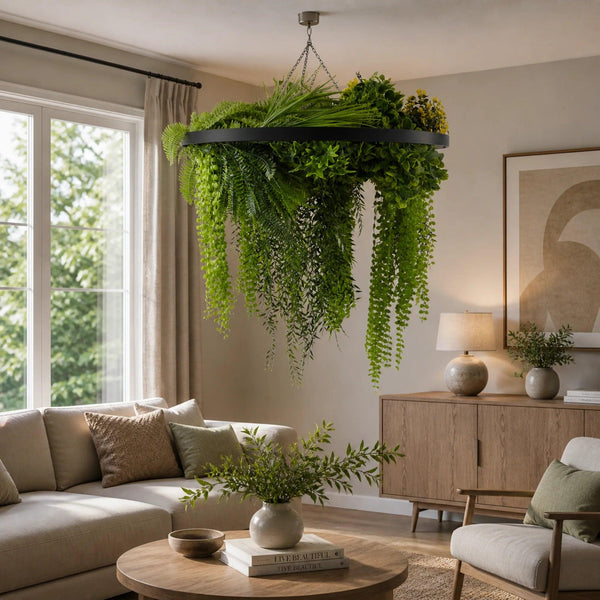 Artificial Hanging Plant Chandelier – Draping Fern Circular Ring (31.5in) Black Frame – UV Resistant
