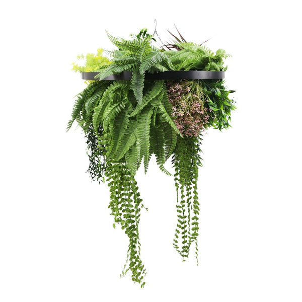 Artificial Hanging Plant Chandelier – Tropical Foliage Circular Ring (23.5in) Black Frame – UV Resistant