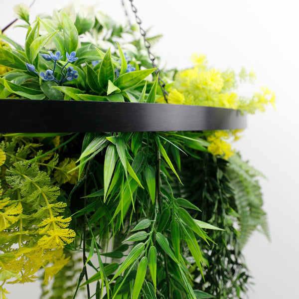 Artificial Hanging Plant Chandelier – Tropical Foliage Circular Ring (23.5in) Black Frame – UV Resistant