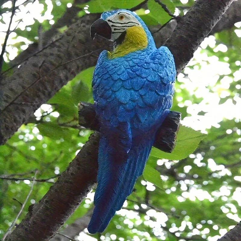 Blue Parrot Garden Statue Handcrafted Outdoor Tree Decor