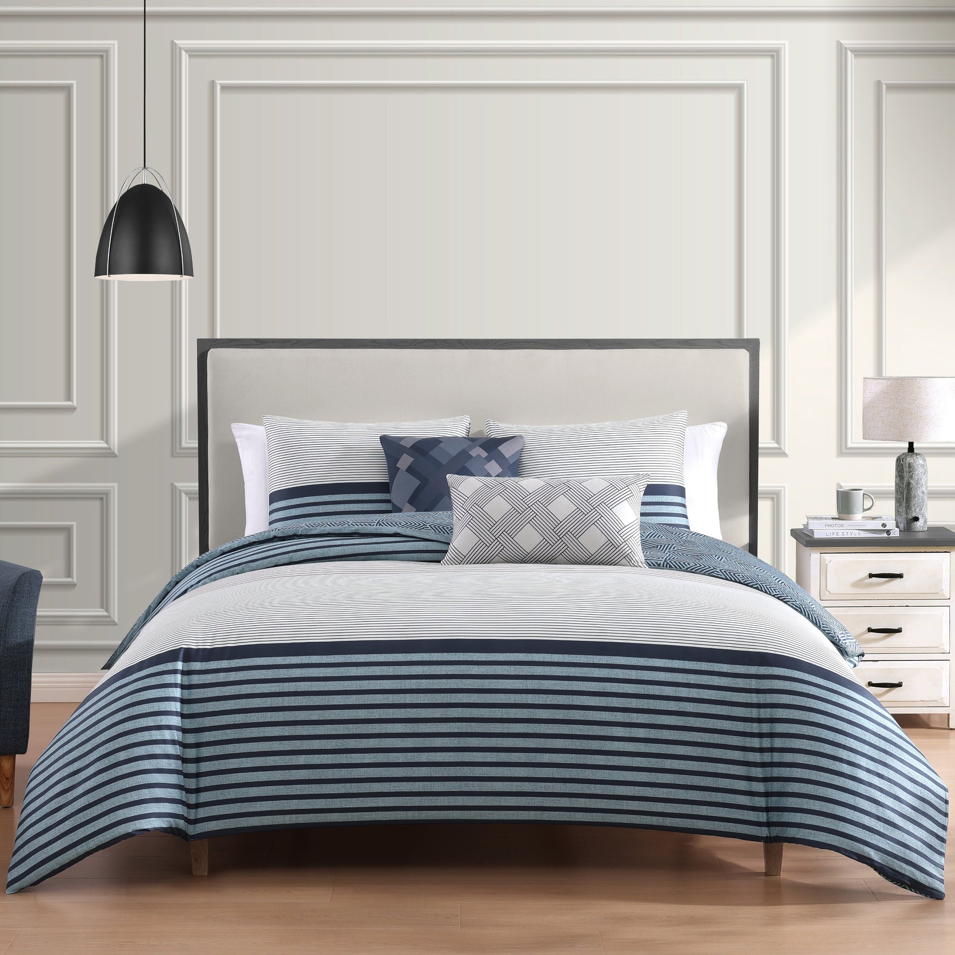 Blue Geo Lines 5 Piece Reversible Comforter Set