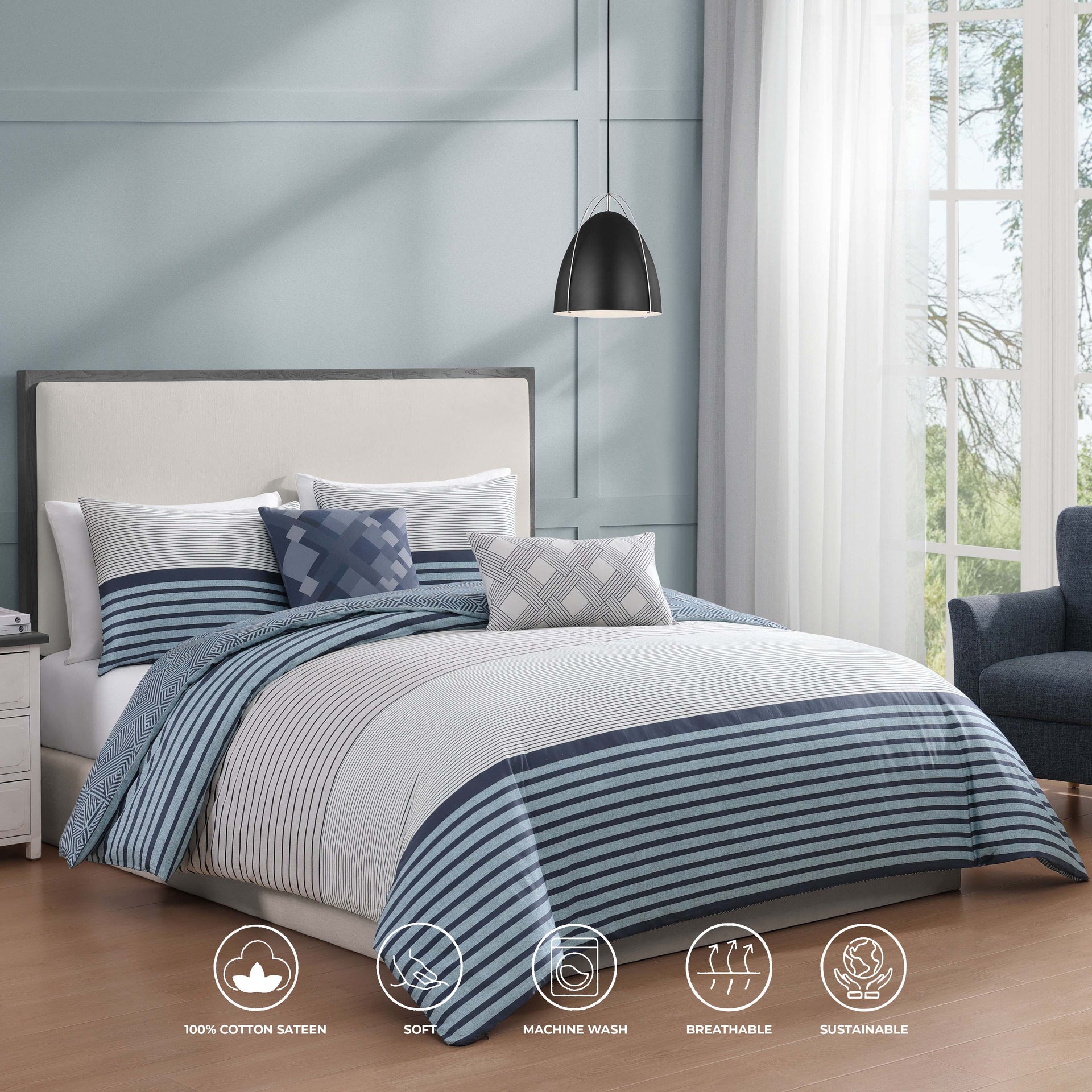 Blue Geo Lines 5 Piece Reversible Comforter Set