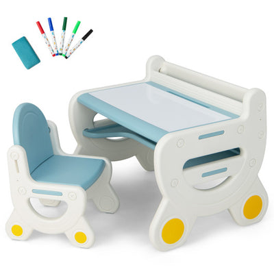 Kids Drawing Table and Chair Set with Watercolor Pens and Blackboard Eraser-Blue