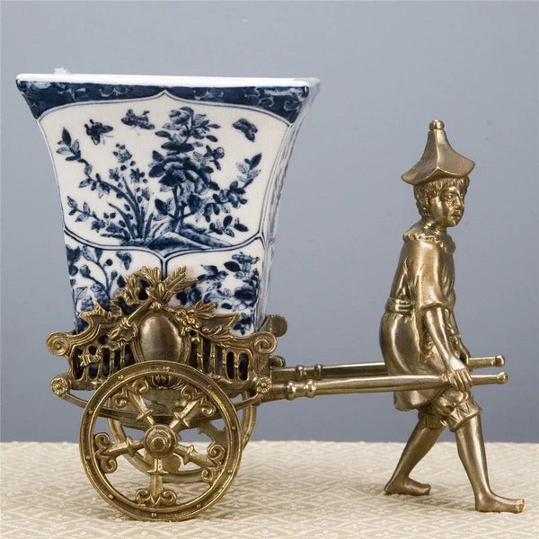 Blue Vine Rickshaw Basin/Planter with Bronze Man - Gifts for You 'n Me